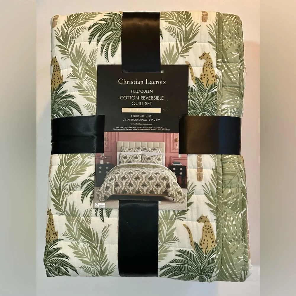 3pc CHRISTIAN LACROIX PalmLeopard Print Cotton Reversible Quilt Set - Green